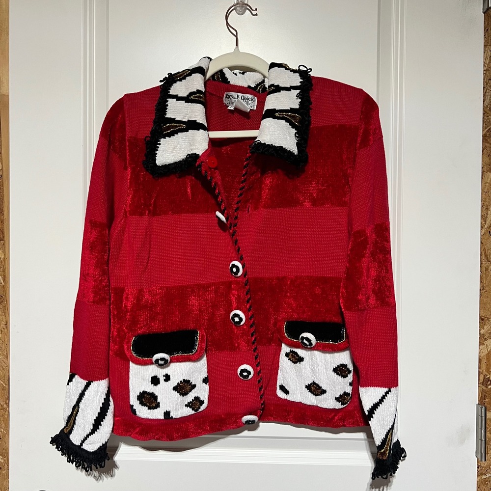 Jack B Quick Vintage 90s Red Velvet Stripe Zebra Print Cardigan Sweater Large